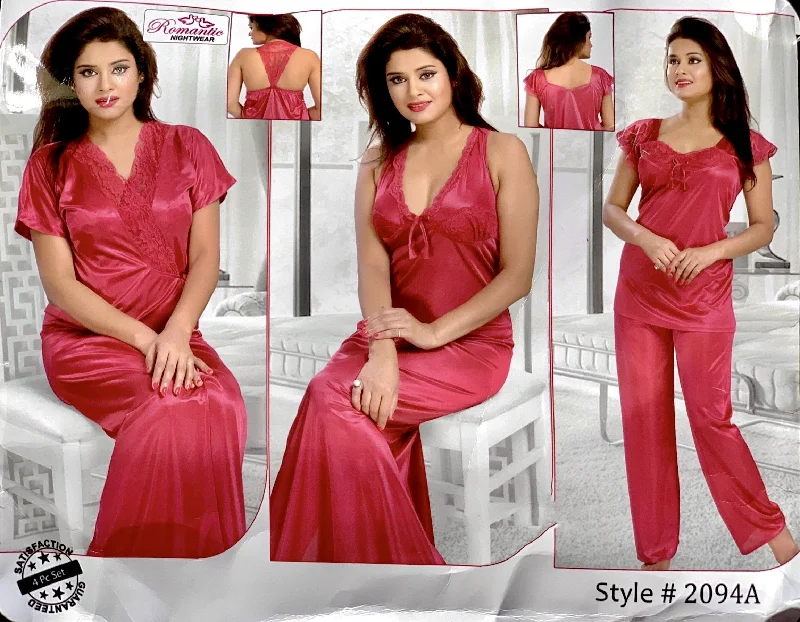 Romantic Nightwear - 4Pcs Bridal Nighty Sets - 2094 - Long Nighty with Gown & Pajama Set