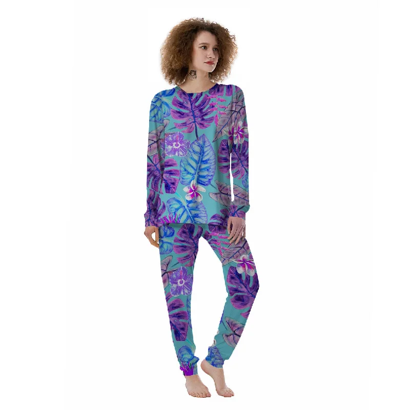 Tropical Leaf Teal And Purple Print Women's Pajamas