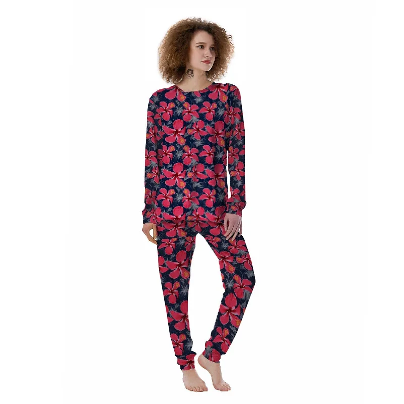 Tropical Red Hibiscus Print Pattern Women's Pajamas