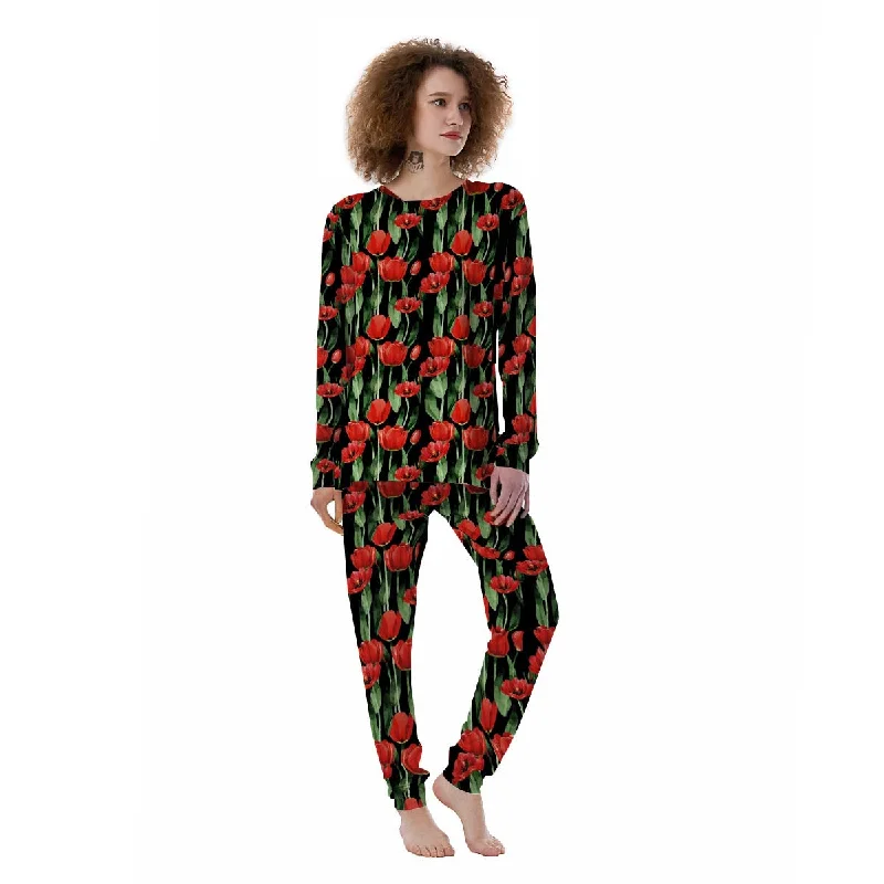 Tulip Red Watercolor Print Pattern Women's Pajamas