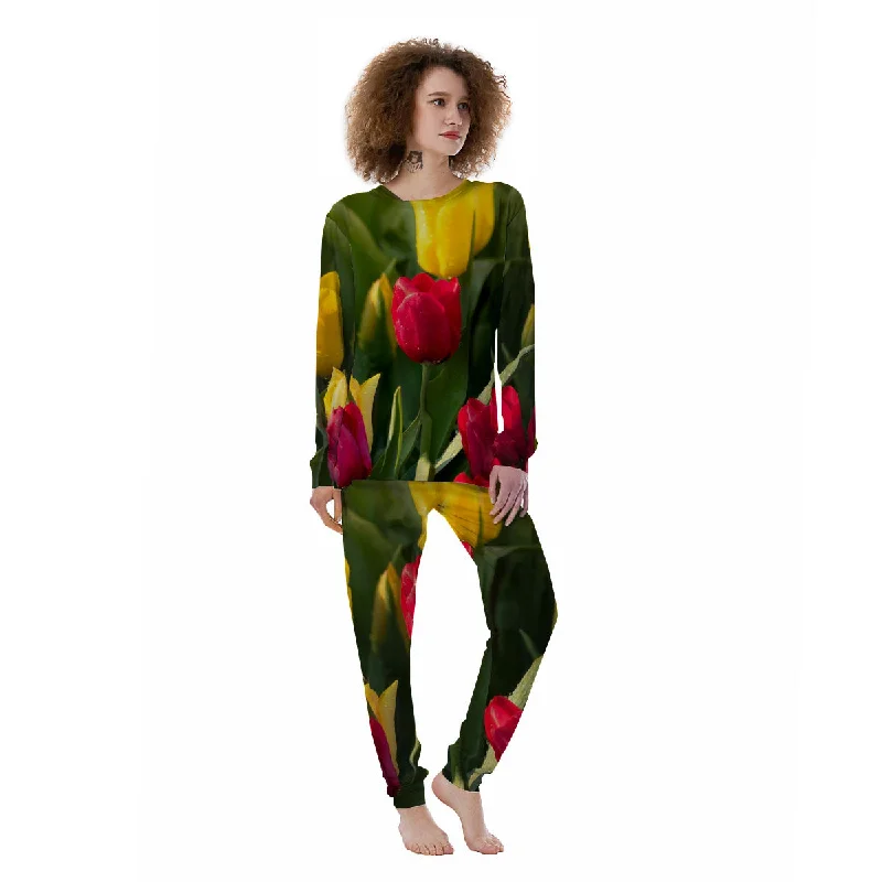 Tulip Yellow And Red Print Women's Pajamas