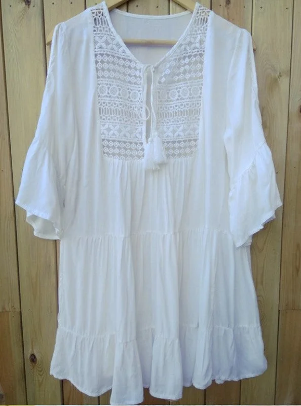 Women's White Lacy Coverup Dressy Casual Style Fluted 3/4 Sleeves