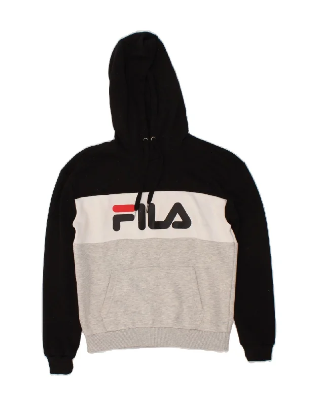 FILA Womens Oversized Graphic Hoodie Jumper UK 6 XS Black Colourblock