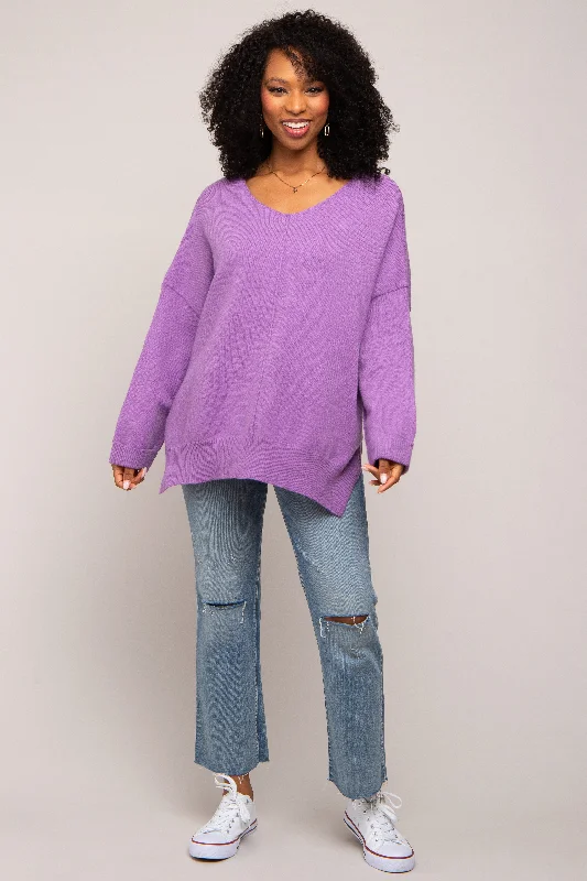 Purple Dolman Sleeve Side Slit Sweater