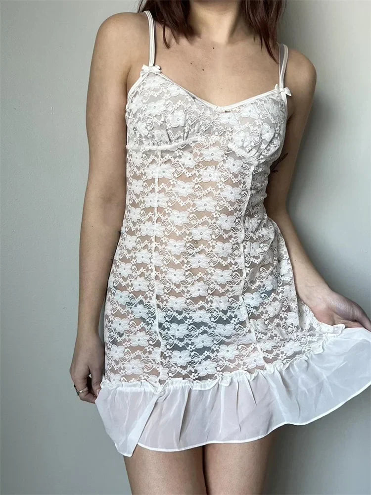 Lace Floral Mesh See Through Sling Summer Mini Dress