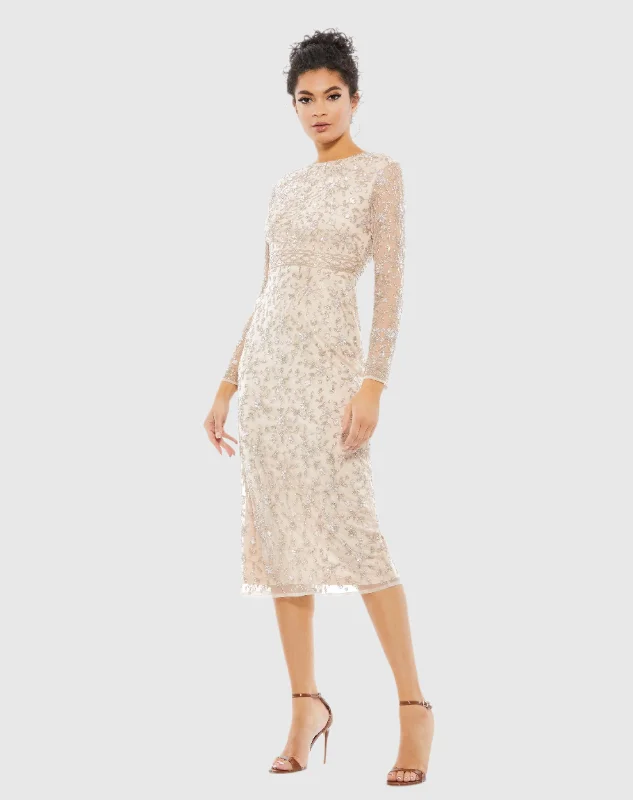 Beaded Tea Length Dress w/ Sheer Sleeves