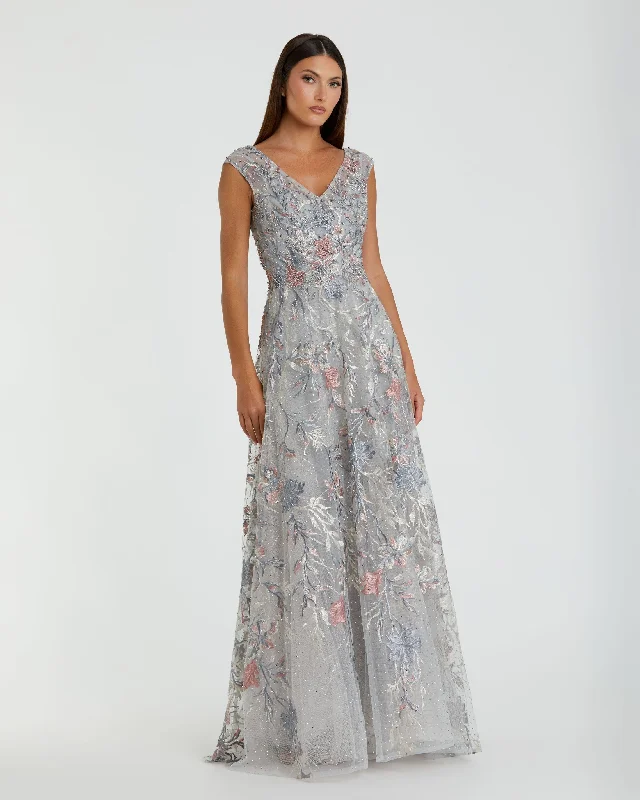 Gray Embroidered Illusion Cap Sleeve A Line Gown