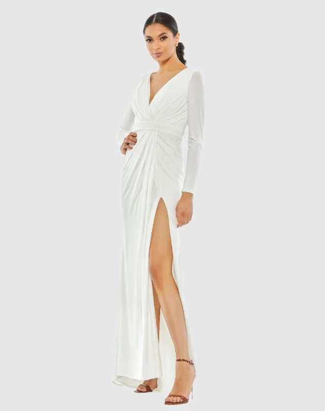 V-Neck Long Sleeve High Slit Gown