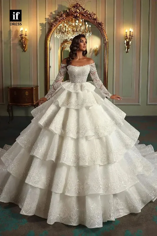 71230 - Luxurious Strapless Scoop Tiered Long Sleeves Wedding Gown with Train