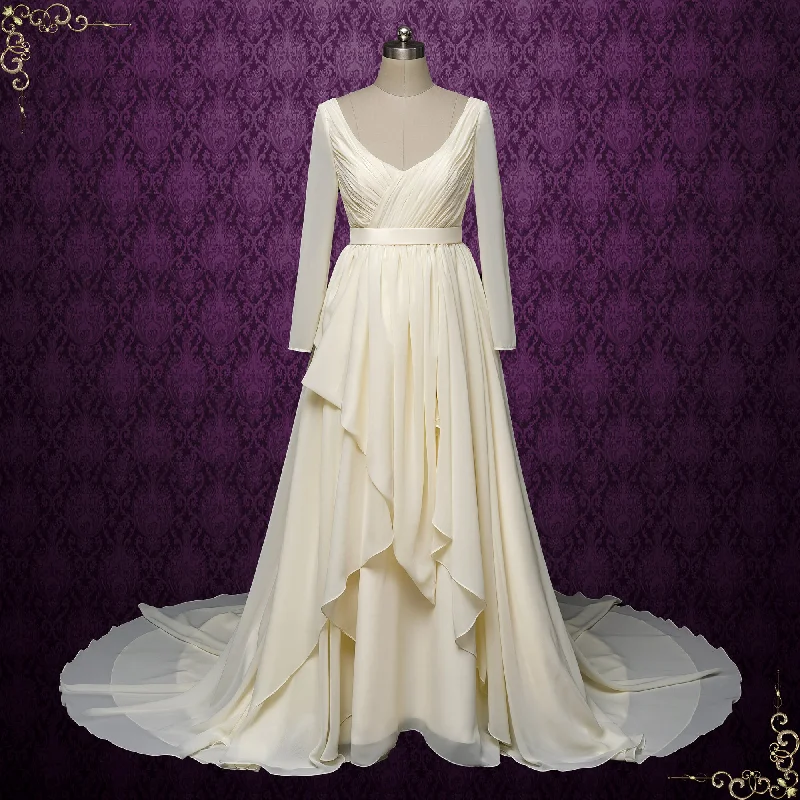 Vintage Chiffon Wedding Dress with Ruffle Skirt and Long Sleeves | ALPIRE