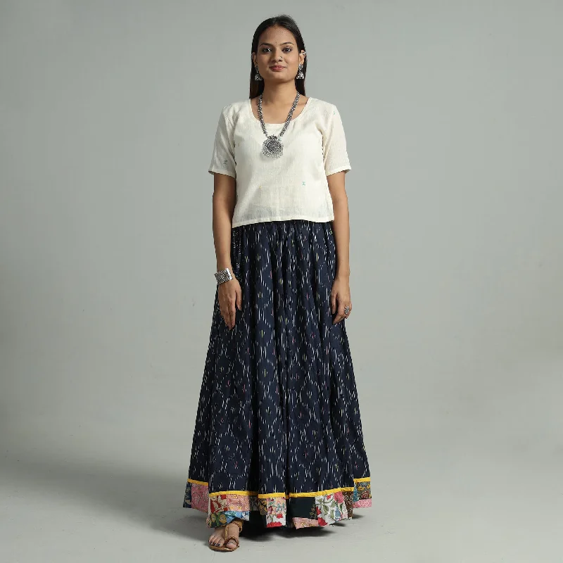 Blue - Pochampally Ikat 24 Kali Cotton Skirt with Patchwork Border 02