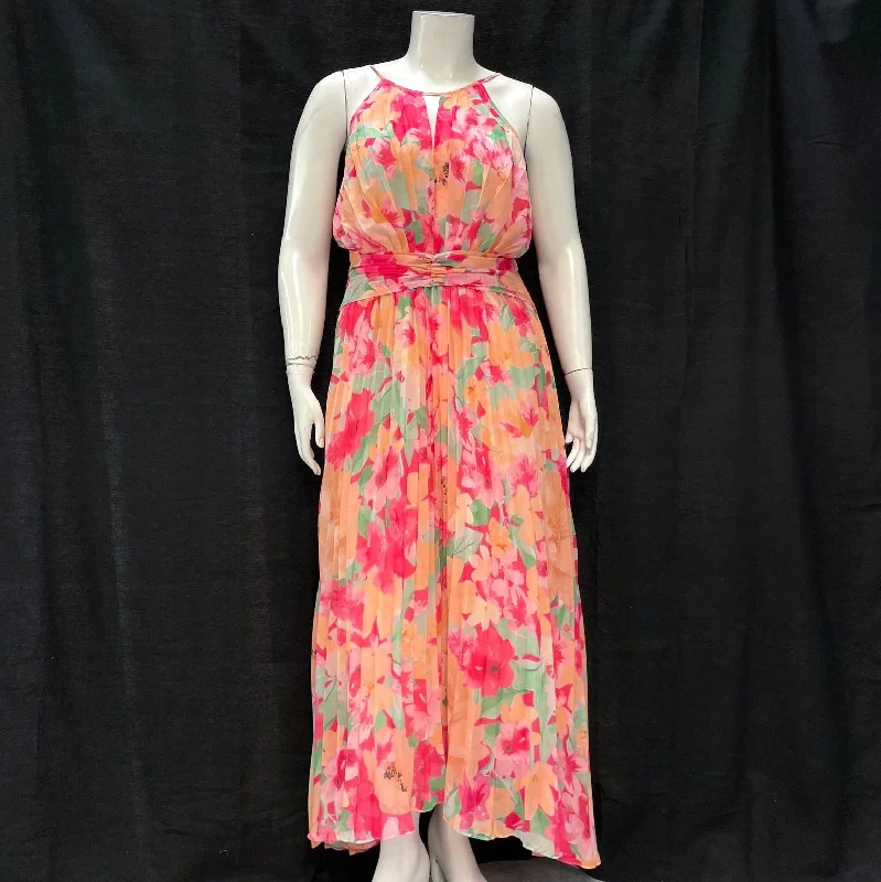 NWT Wmns GINGHAM & HEELS Pink Floral Pleated Chiffon Maxi Dress Sz 16 MSRP$119