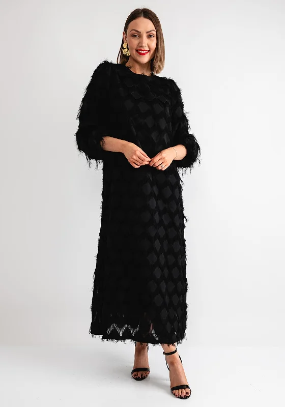 Serafina Collection Fringe Trim Long Dress, Black