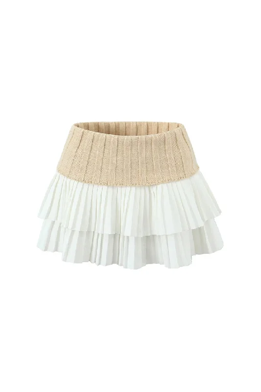 Preppy Foldover High Waist Ribbed Knit Panel Tiered Pleated Micro Mini Skirt