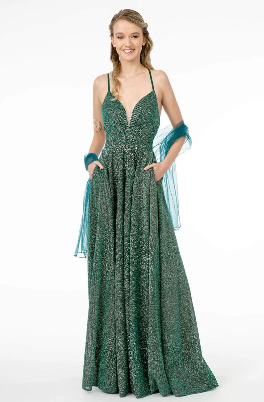 Elizabeth K - GL1828 Plunging Pleat-Ornate Bodice Glitter Lame Gown