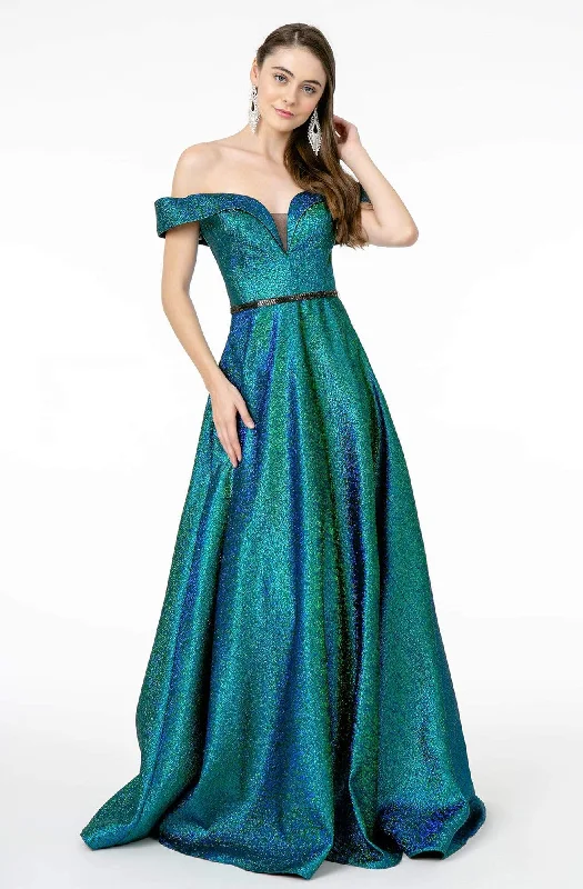 Elizabeth K - GL2982 Folded Off Shoulder Metallic Lame A-Line Gown