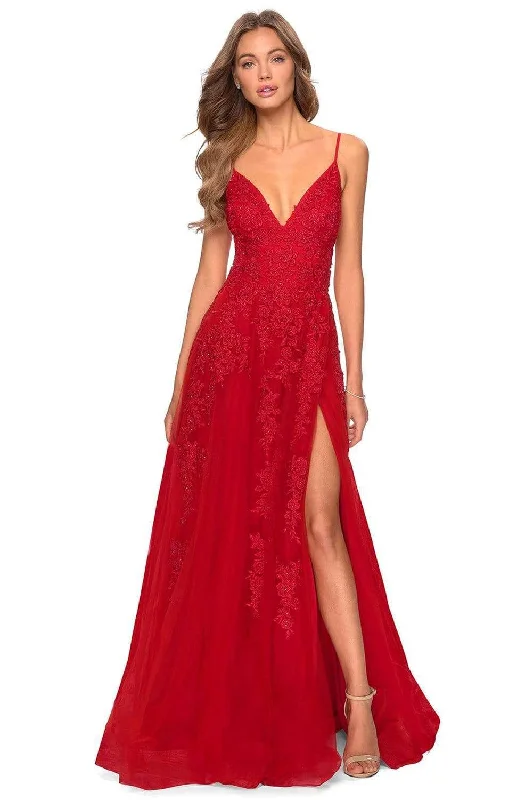 La Femme - 28985 Floral Lace Embroidered Deep V-neck Junior Prom A-line Gown