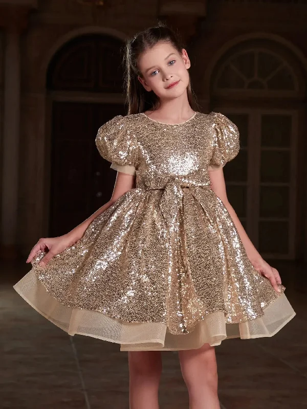 Tween Girls' Cute Bow Front Puff Sleeve Sequin Party Dress