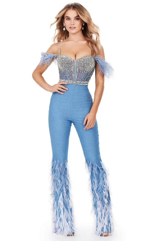 Ashley Lauren 11513 - Beaded Feather Embellished Jumpsuit