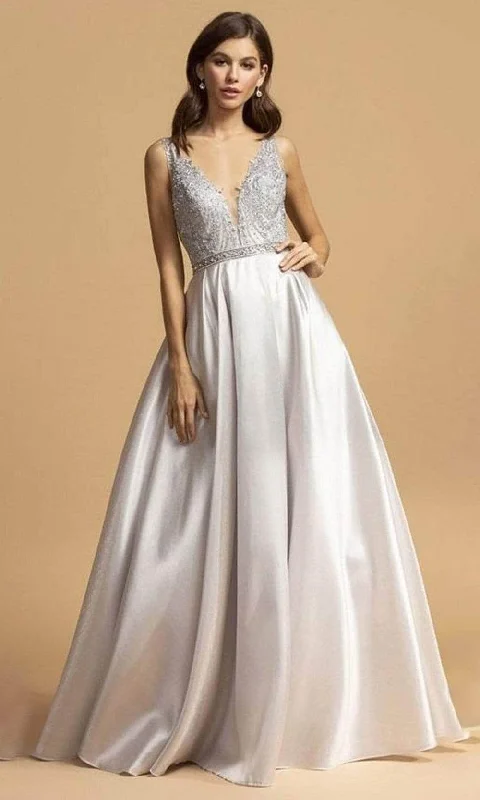 Aspeed Design - Appliqued V-Neck A-Line Prom Dress L2168