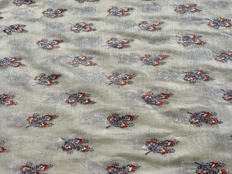 Beige Motifs Embroidered Chanderi Fabric