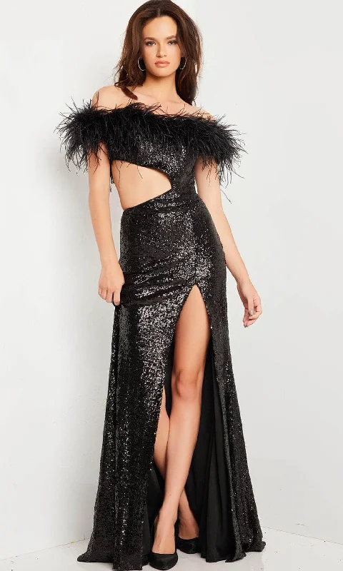 Jovani 36808 - Feathered Cutout Prom Dress with Slit