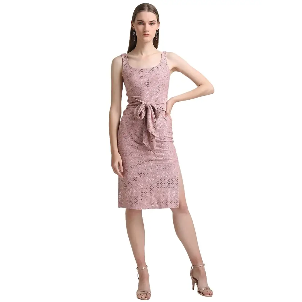 Kazo Women's Polyester Fit and Flare Knee-Length Dress (Pink)