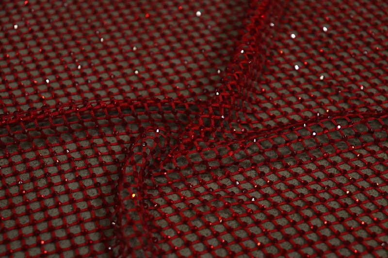 Maroon Check Rhinestone Mesh Fabric