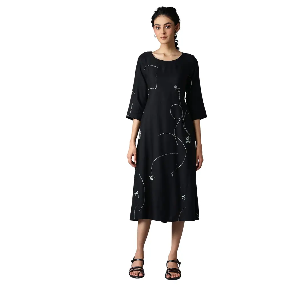 W for Woman Women's Rayon Jet Black Gathered Dress Below The Knee