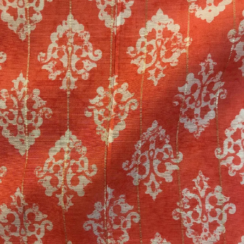 White Motifs Peach Orange Chanderi Lurex Fabric