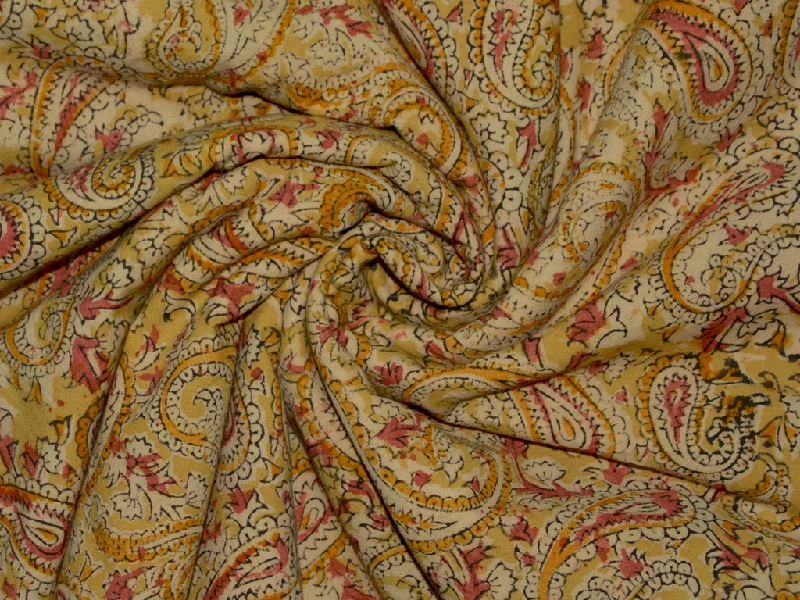 Yellow & Red Paisley Dye Handblock Pure Cotton Kalamkari Fabric