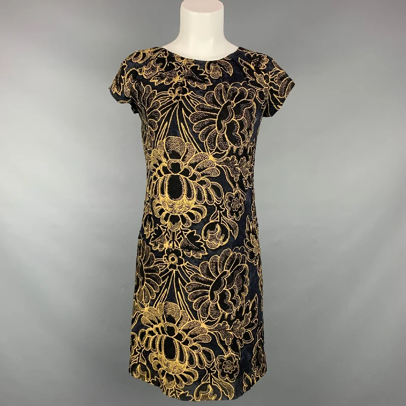 DEMA Size S Black & Beige Floral Rayon Knee-Length Shift Dress