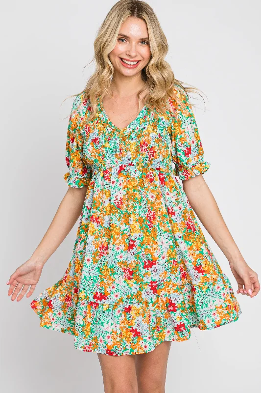 Green Floral Smocked Puff Sleeve Dress