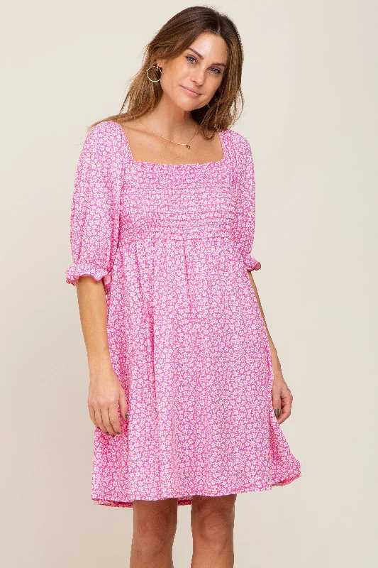 Pink Floral Smocked Square Neck Dress