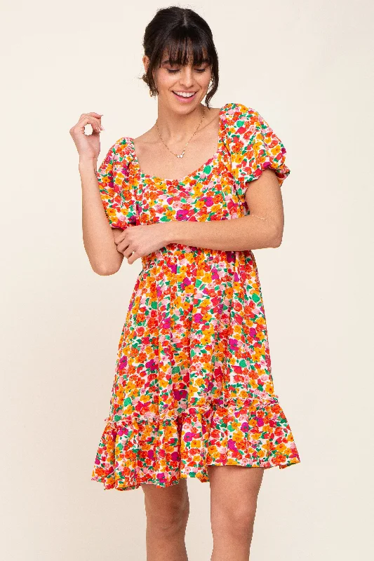 Pink Floral Square Neck Short Puff Sleeve Dress