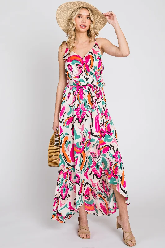 Pink Printed Flounce Wrap Dress