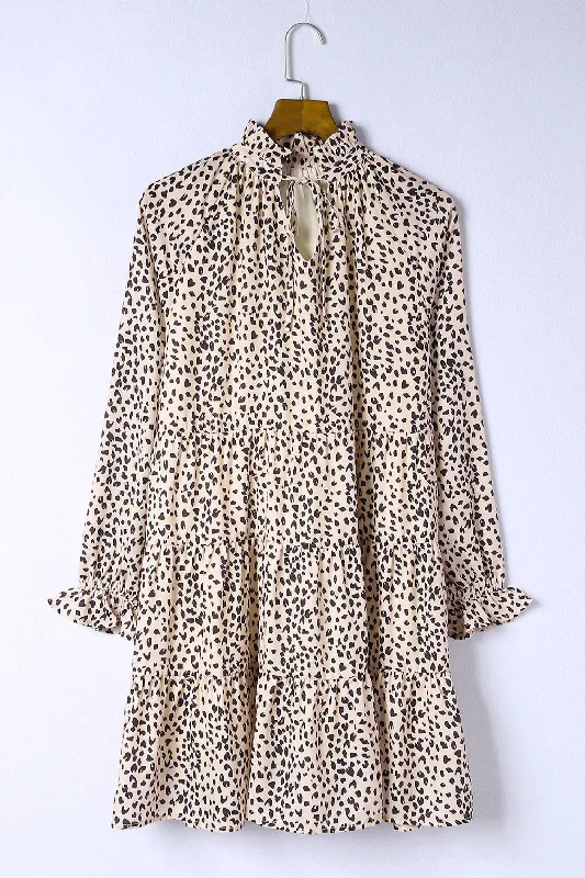 Printed Tie-Neck Flounce Sleeve Tiered Khaki Dress