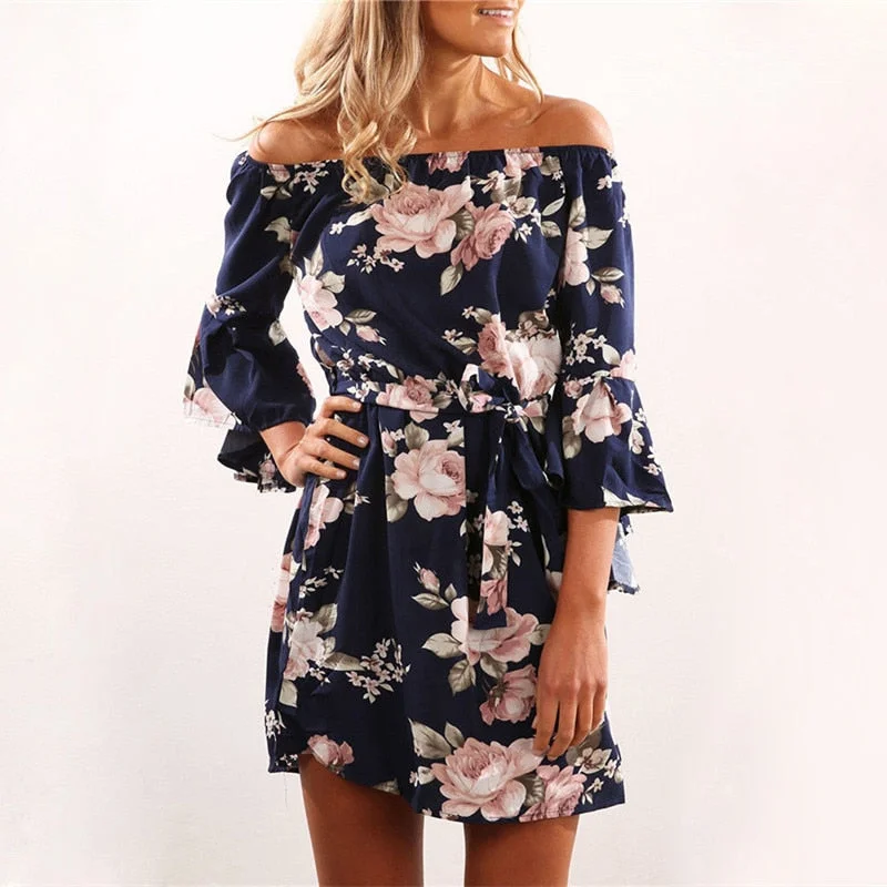 Women Off Shoulder Floral Print Chiffon Dress