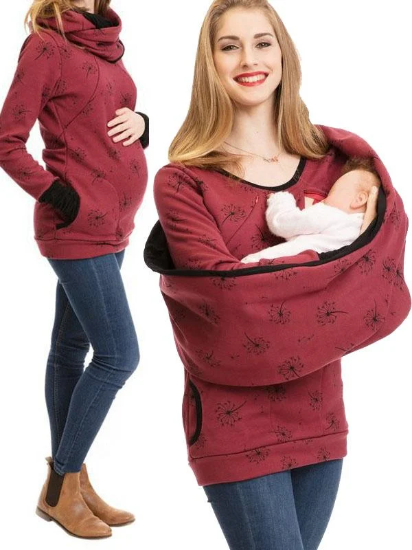 Flowers Print Long Sleeve Kangaroo Baby Bags Maternity Sweatshirt Flowy Maxi Skirt