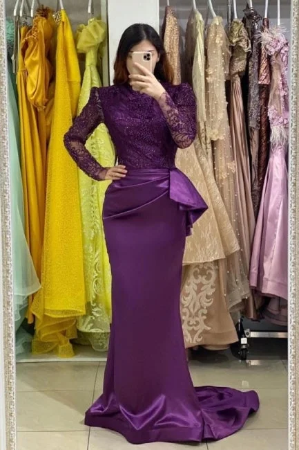 Long Sleeves Purple Mermaid Evening Gown with Lace Appliques Casual Maxi Skirt