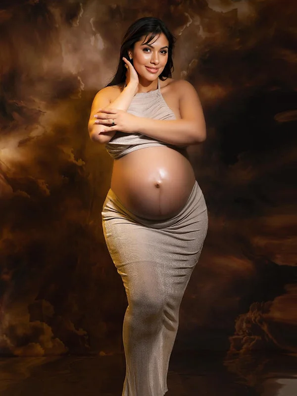 Momyknows Apricot Ruched Backless Lace-up Two Piece Set Crop Top And Maxi Skirt Chic Vacation Maternity Photoshoot Baby Shower Maxi Dress Button-front Maxi Skirt