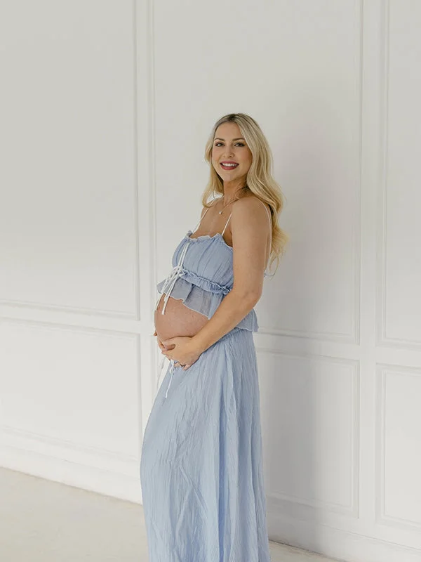 Momyknows Blue Falbala Two Piece Set Cami Ruffle Crop Top And Big Swing Maxi Skirt Elegant Baby Moon Beach Maternity Photoshoot Baby Shower Maxi Dress Maxi Skirt Outfit