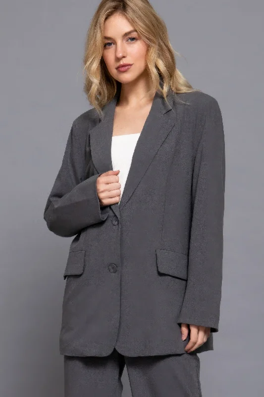 Long slv front button closure blazer Ruffle Long Maxi