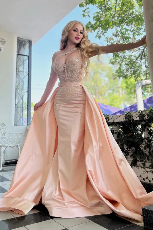Amazing One Shoulder Mermaid Prom Dress Overskirt Long With Lace Beads Soft Ruffled Maxi