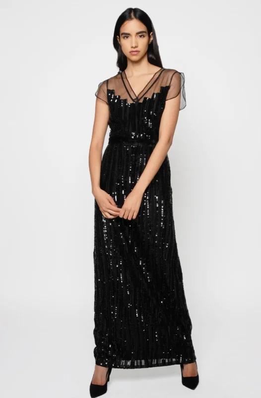 Black sequin stripes long gown High-Low Maxi Skirt