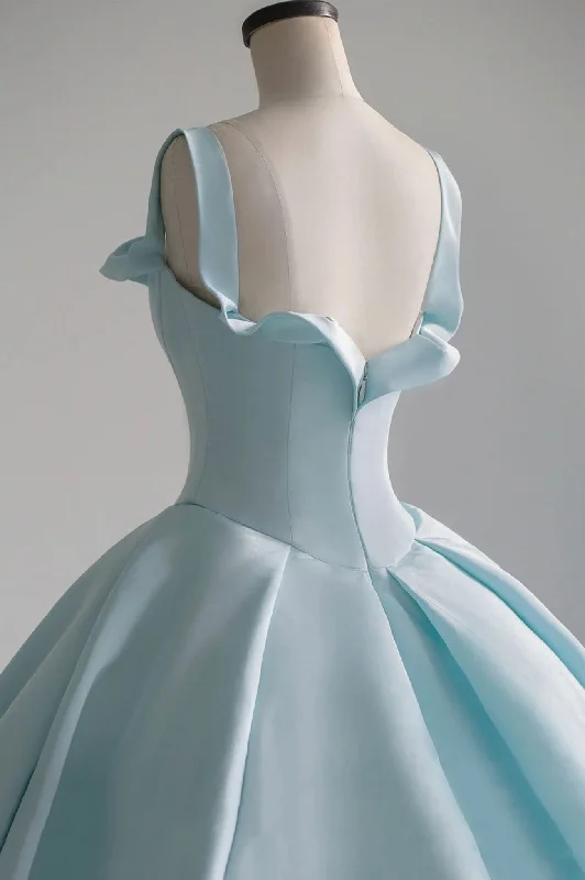 Blue Satin Long A-Line Ball Gown, Blue Evening Gown with Train Chic Maxi Dress
