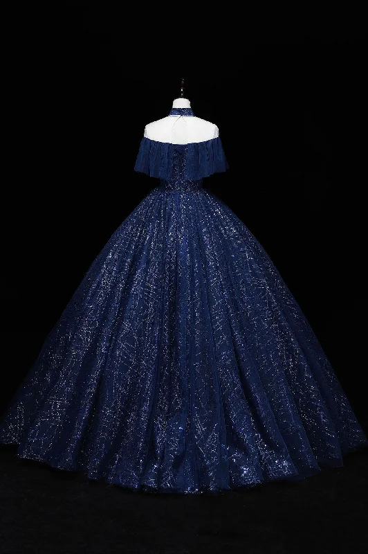 Blue Tulle Sequins Long Ball Gown, Elegant A-Line Formal Gown Stretch Maxi Skirt