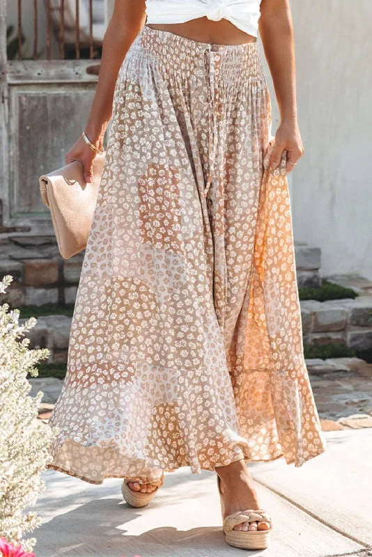 LILA Boho Flower Print Smocked Waist Button Slit Maxi Skirt V-neck Maxi Skirt