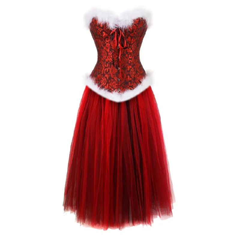 Burlesque Feathers Bustier Lingerie Vintage Floral Corset With Mesh Long Skirt Set Black Red Christmas Overbust Corset Dress Maxi Skirt Look Burlesque Feathers Bustier Lingerie Vintage Floral Corset With Mesh Long Skirt Set Black Red Christmas Overbust Corset Dress Maxi Skirt Look