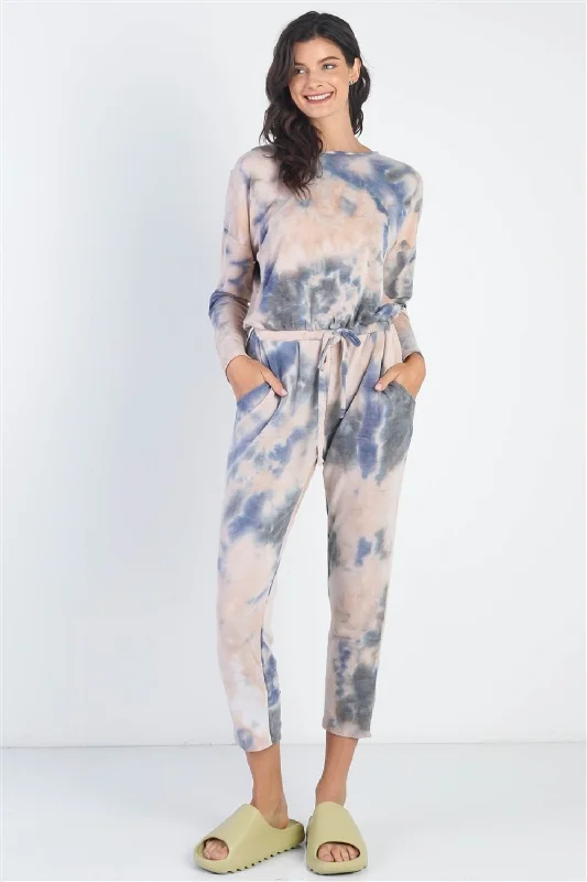 Cherish Apparel Tie-Dye Round Neck Long Sleeve Jumpsuit Sleek Maxi Skirt